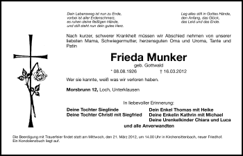 Traueranzeige von Frieda Munker von Hersbrucker Zeitung